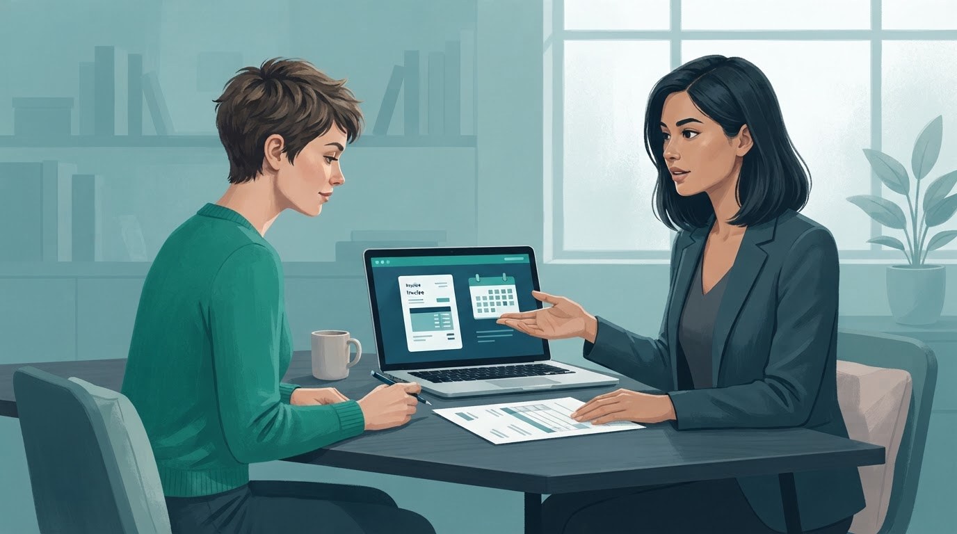 A virtual assistant and client reviewing payment details together, illustrating virtual assistant jobs.