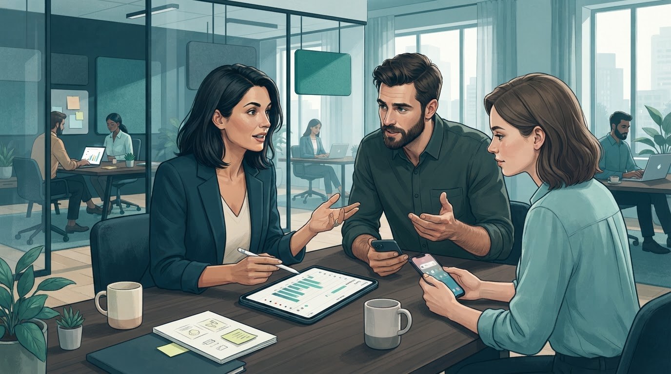 Working adults discussing evening messages and weekend expectations for executive assistant jobs new york