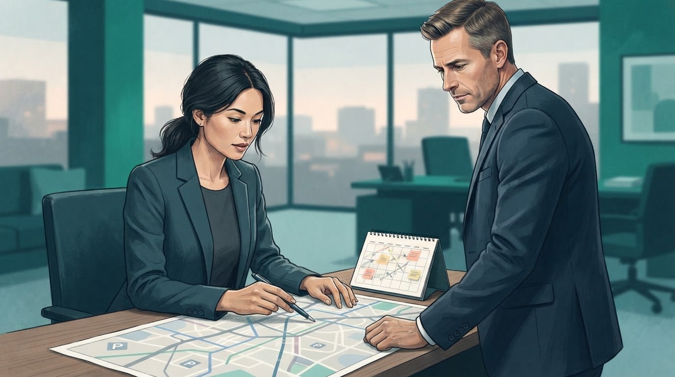 Working executive assistant reviewing parking, commuting, and business travel details for executive assistant jobs in los angeles