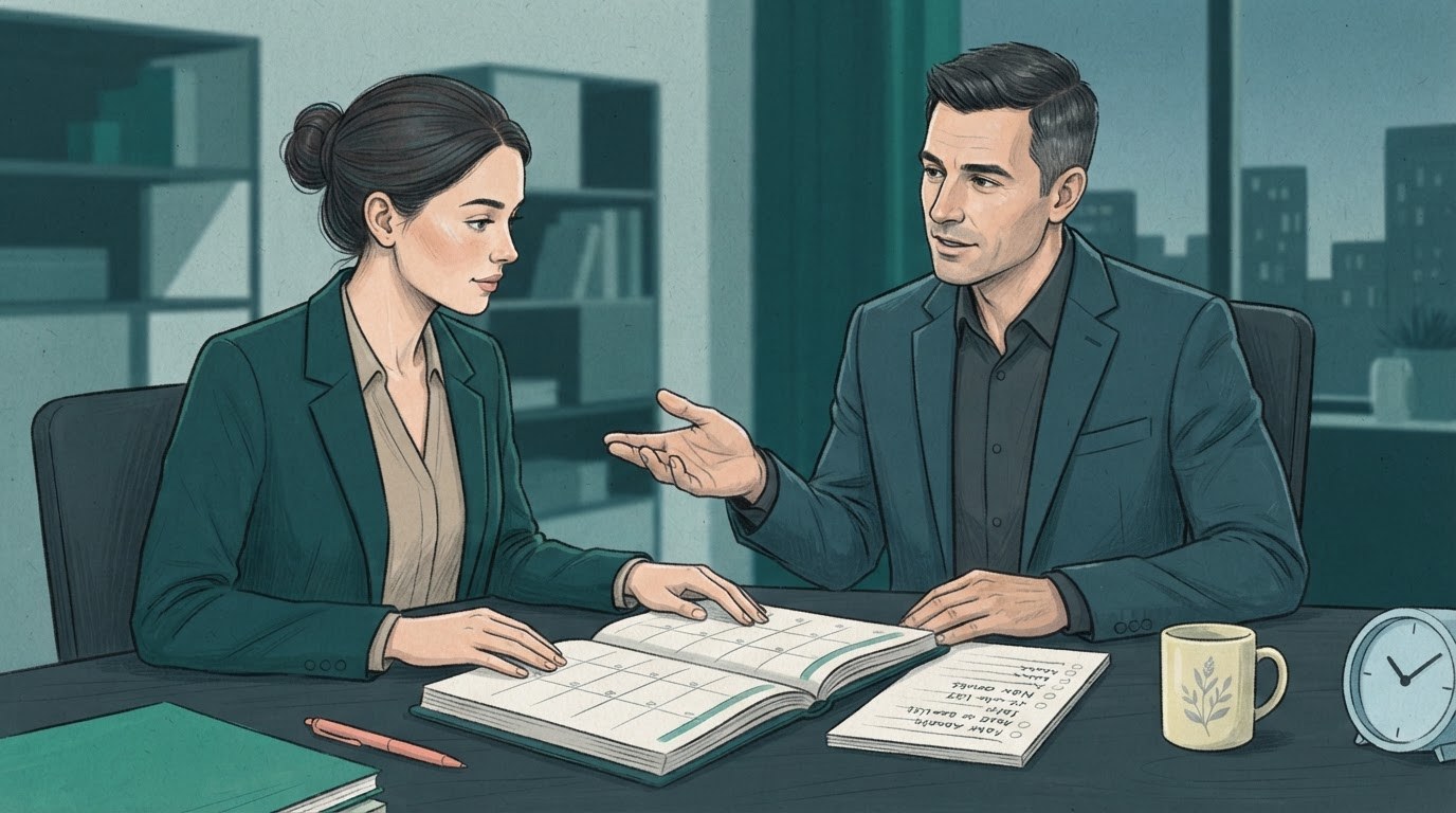 A candidate and executive reviewing a task list together while discussing personal support in executive assistant jobs new york.