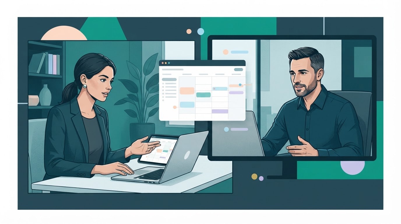 A remote assistant and executive agreeing on calendar expectations during a video call about executive assistant jobs remote.