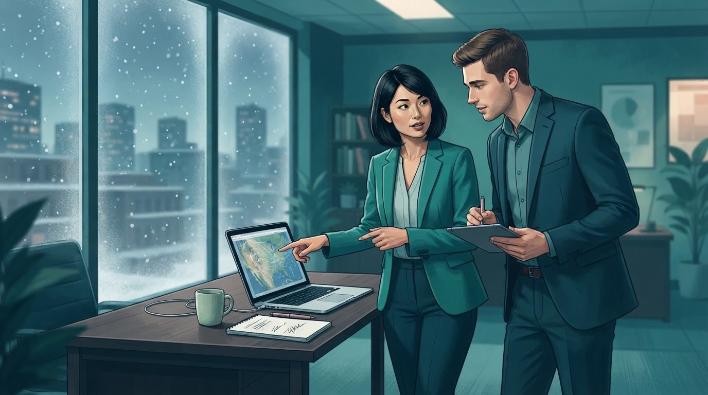 An executive assistant and manager plan remote coverage during a snowstorm, illustrating executive assistant jobs chicago.