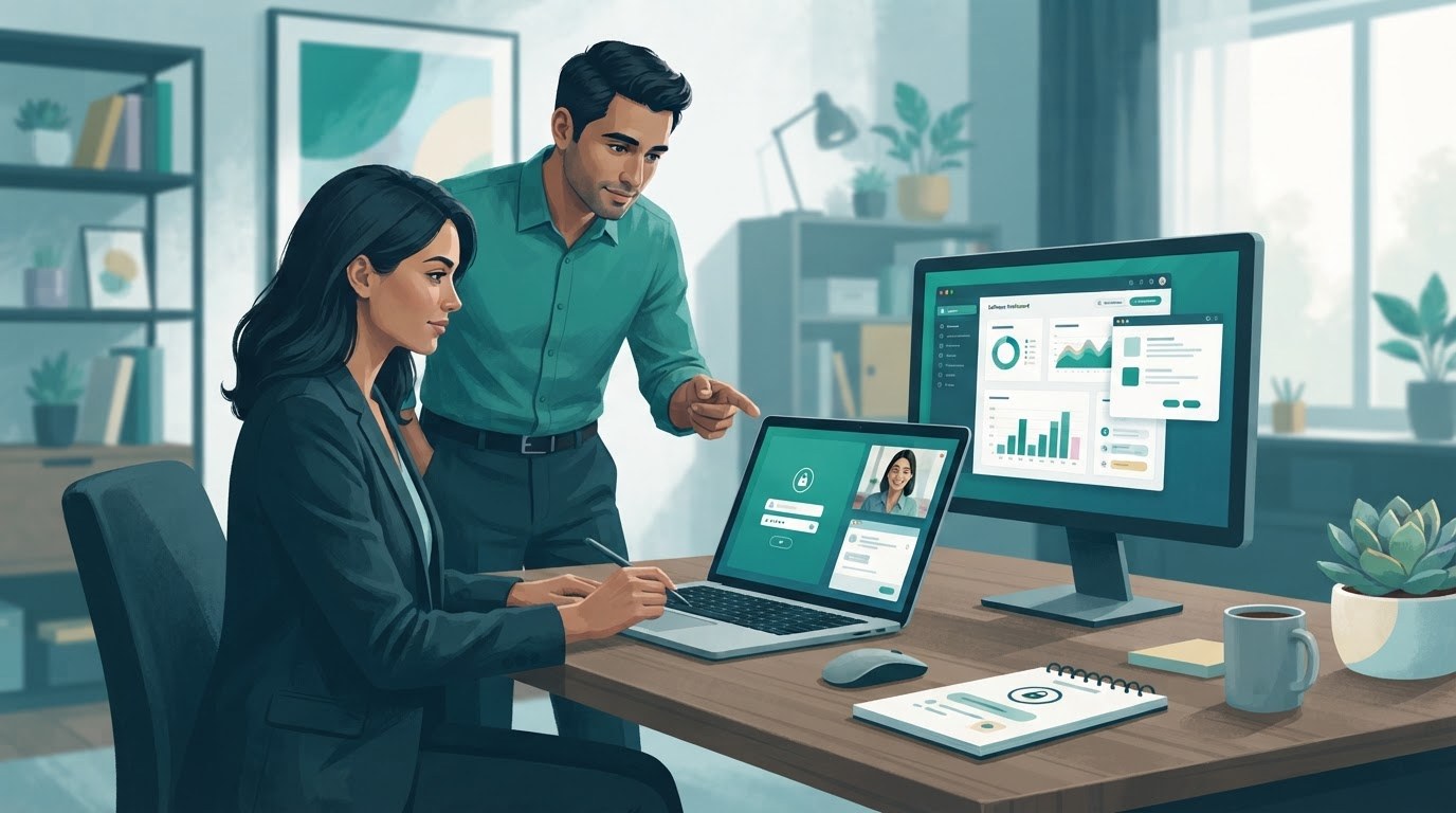 Working adults reviewing software access and secure logins before starting virtual assistant jobs