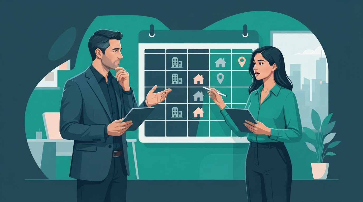 An executive assistant and executive reviewing office, home, and meeting site plans, illustrating executive assistant jobs in Los Angeles.