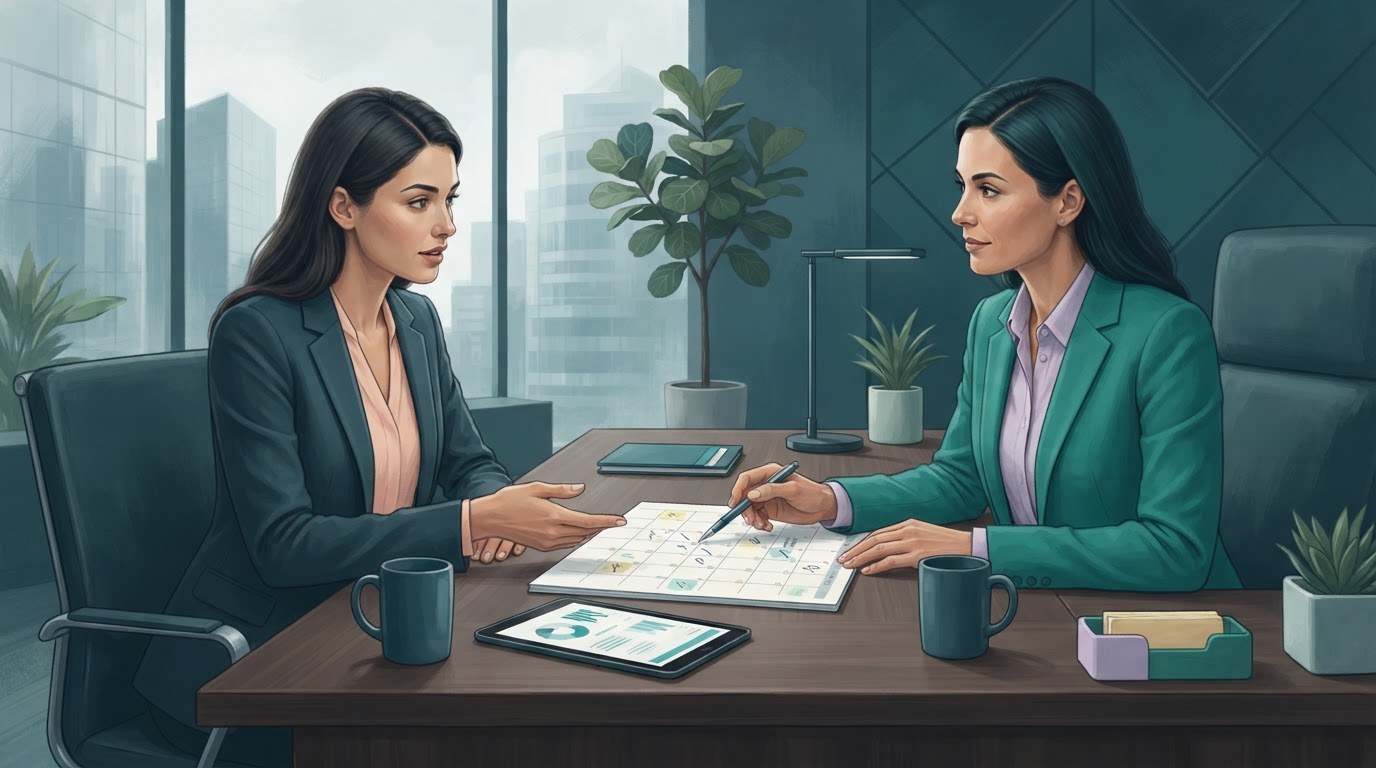 A job applicant and executive assistant reviewing a weekly calendar while discussing assistant jobs part time.