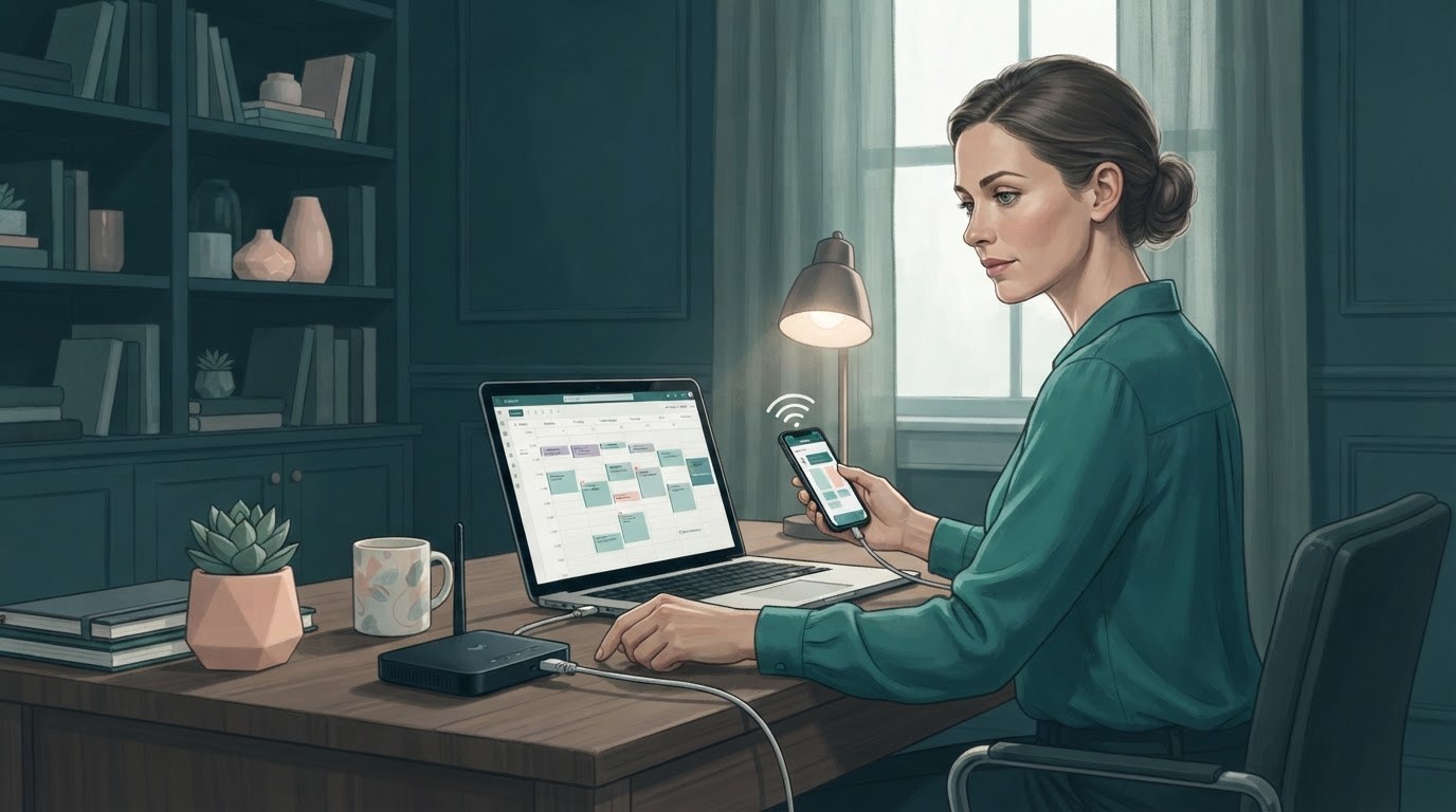 A working mother switches to a mobile hotspot at her desk, illustrating a backup plan for virtual assistant jobs for stay at home moms.