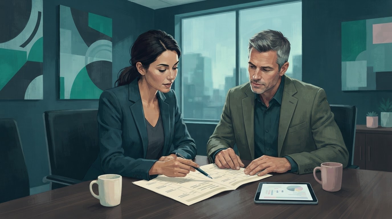 Two working professionals review board meeting materials at a conference table, illustrating executive assistant jobs chicago.