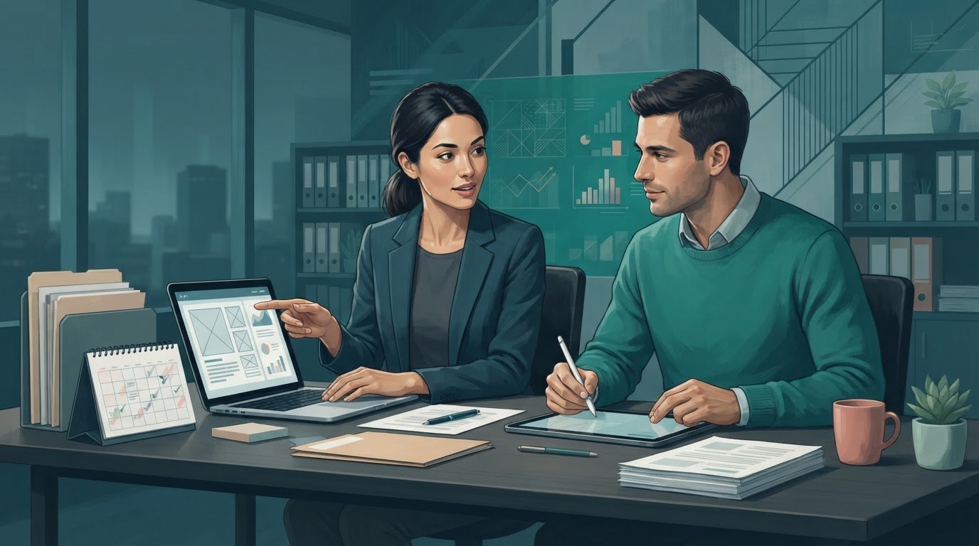 Working adults organizing sample projects and calendar pages for virtual assistant jobs