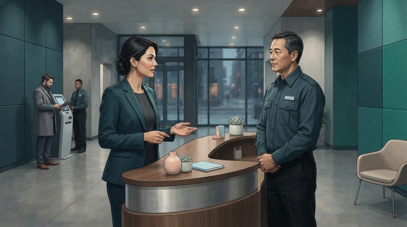 An executive assistant discusses visitor check in and building entry with a security professional, illustrating executive assistant jobs new york.