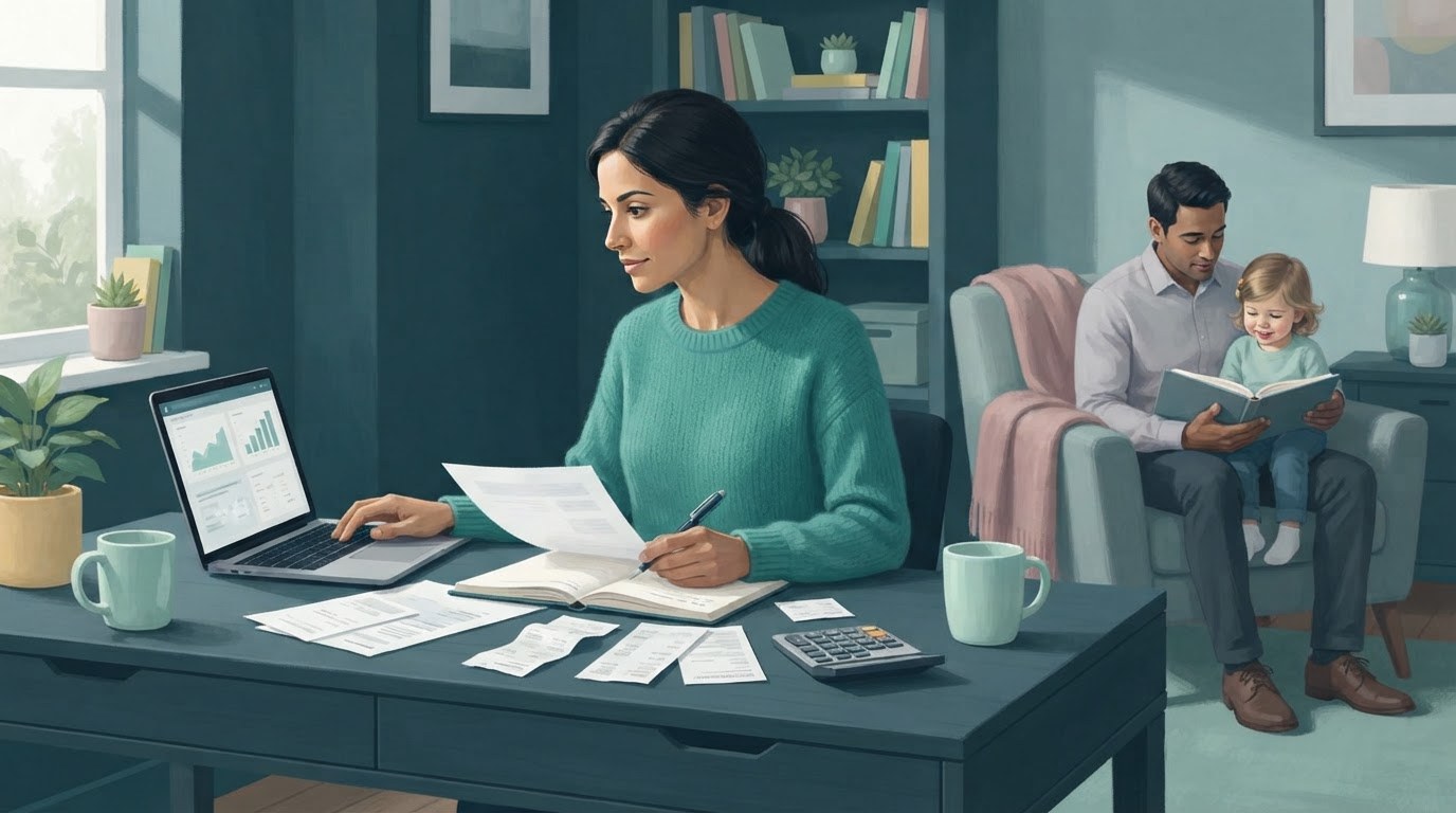 A working mother reviews business expenses at a home desk while caring for family, illustrating virtual assistant jobs for stay at home moms.