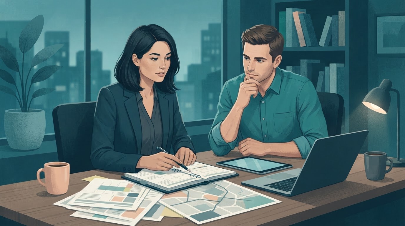 Two adults reviewing a work schedule and commute for assistant jobs part time.