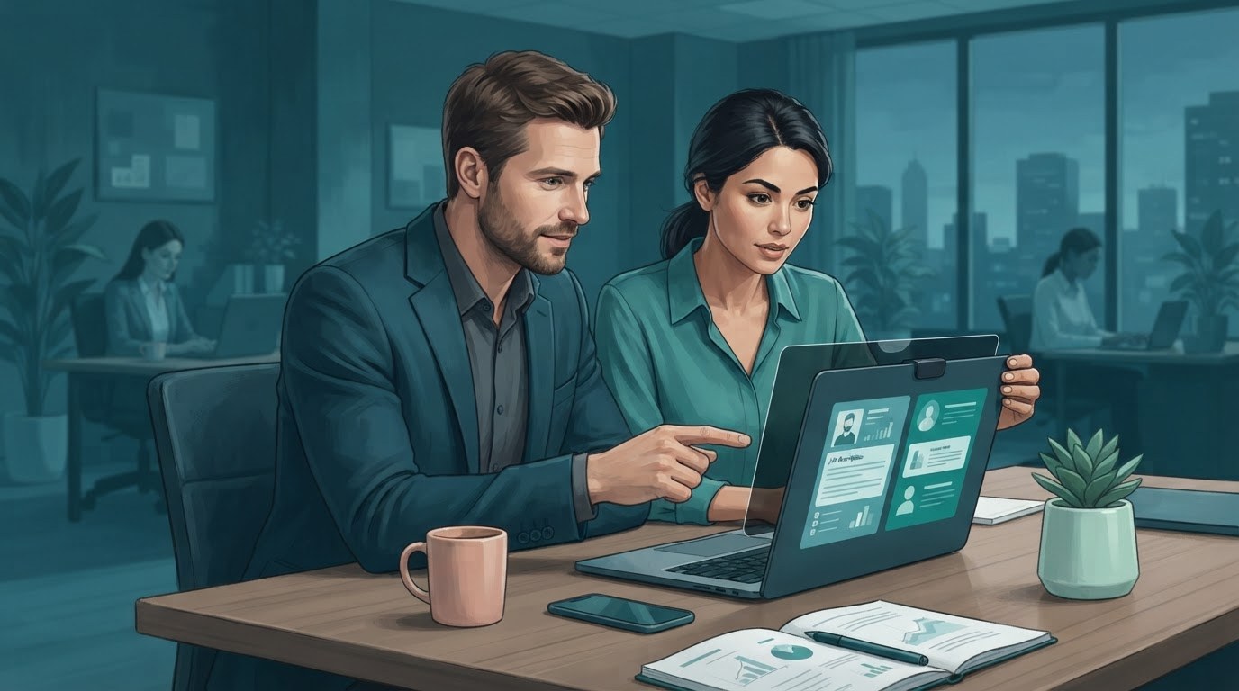 Working adults checking an online job posting and protecting personal information while searching assistant jobs online