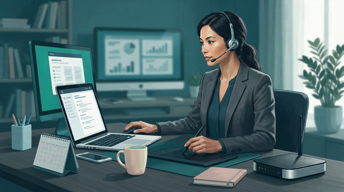 Professional reviewing equipment and work details before applying for virtual assistant jobs from home