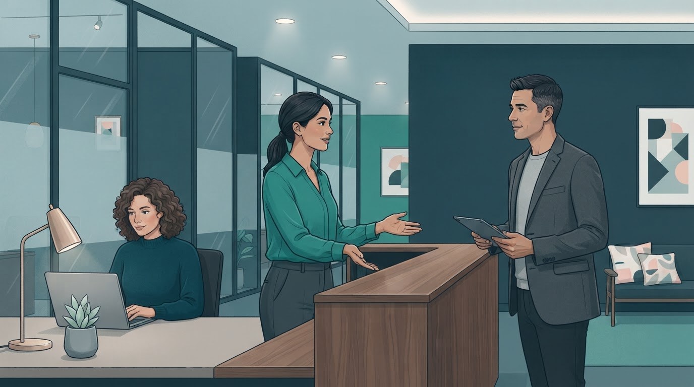 An office assistant welcomes a visitor while a colleague works nearby, illustrating how “assistant jobs office” roles may include front desk coverage.