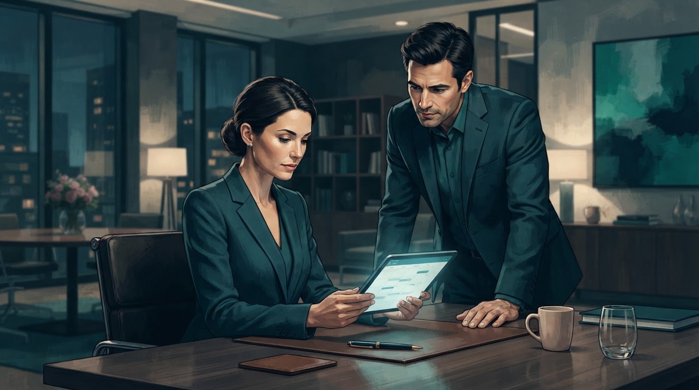 An executive assistant and executive reviewing an evening calendar, illustrating overtime questions for executive assistant jobs in los angeles.