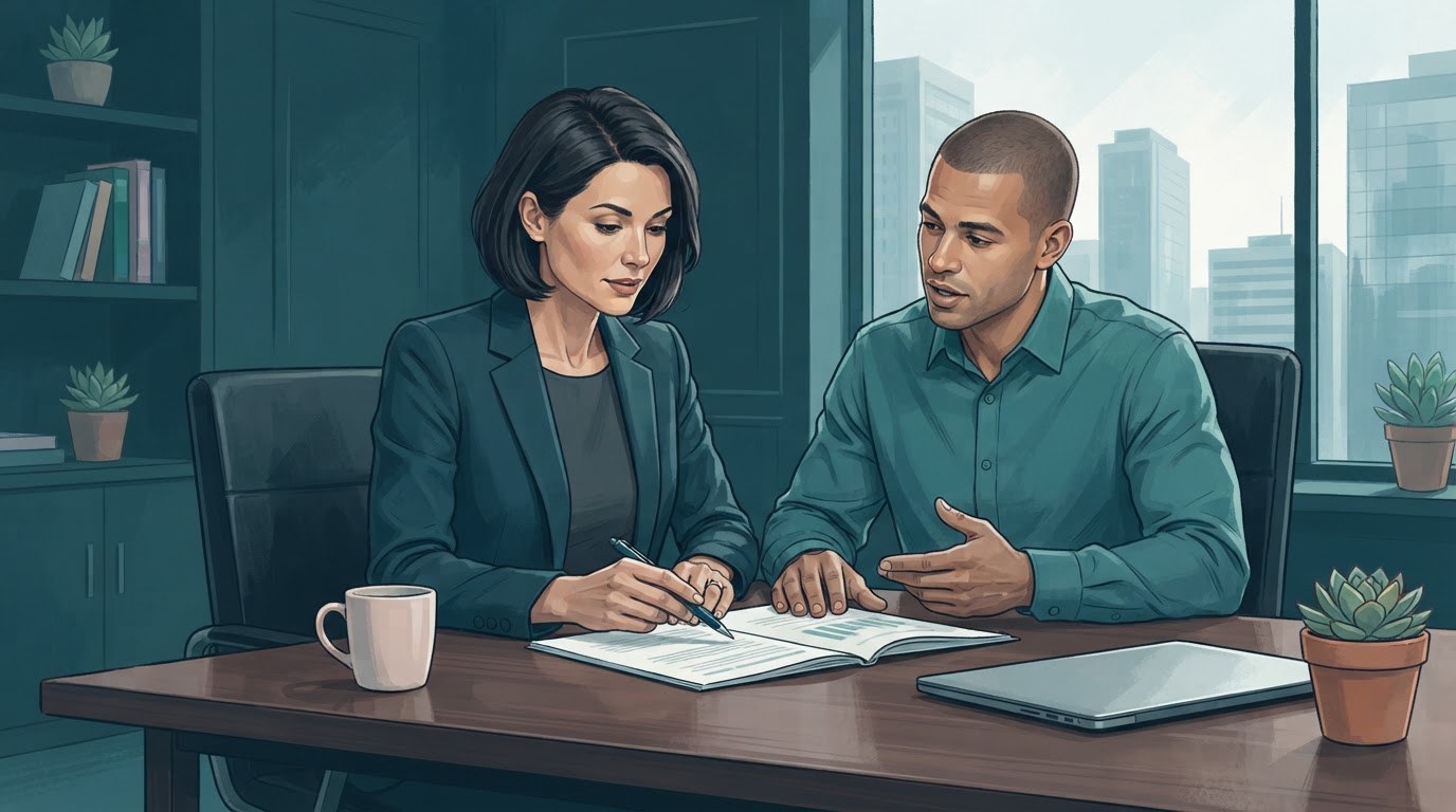 A working assistant and hiring manager reviewing a leave policy, illustrating how to ask about paid time off in assistant jobs part time.