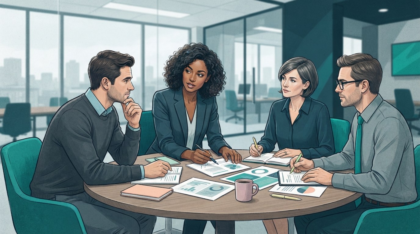 Working professionals comparing leadership styles and support needs for executive assistant jobs in a teal editorial illustration