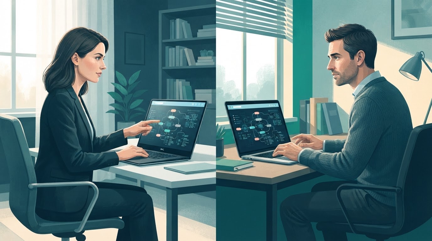 A remote executive assistant and executive reviewing who can make which decisions, illustrating executive assistant jobs remote.