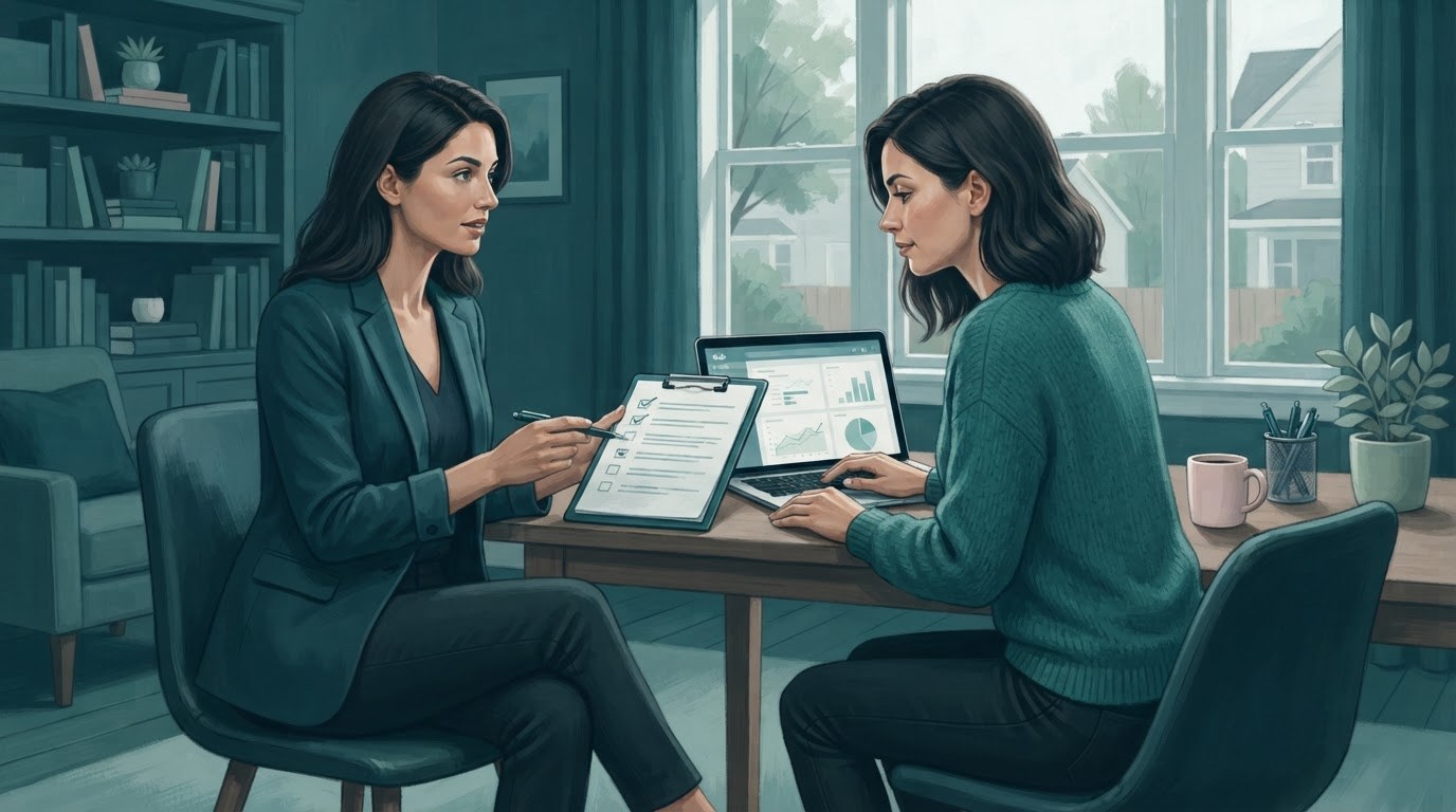 A virtual assistant and client review tools and first week priorities at a home workspace for virtual assistant jobs for stay at home moms.