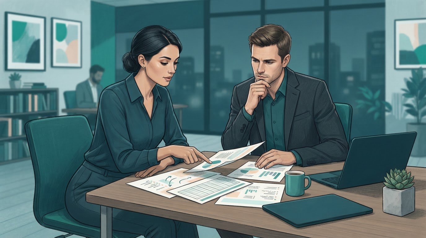 Two working professionals comparing benefit details at a desk, illustrating executive assistant jobs chicago.