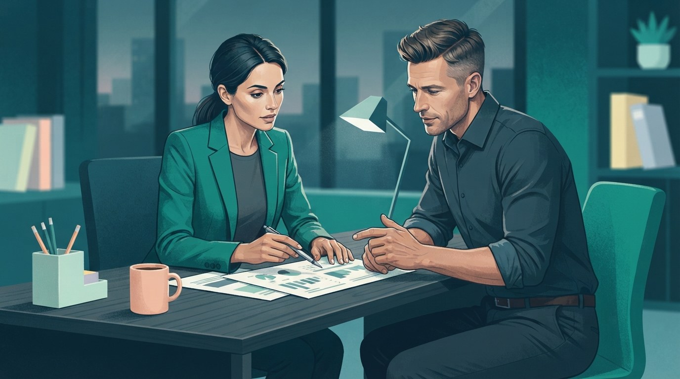 Two working professionals review a bonus plan at a desk, illustrating executive assistant jobs in los angeles.