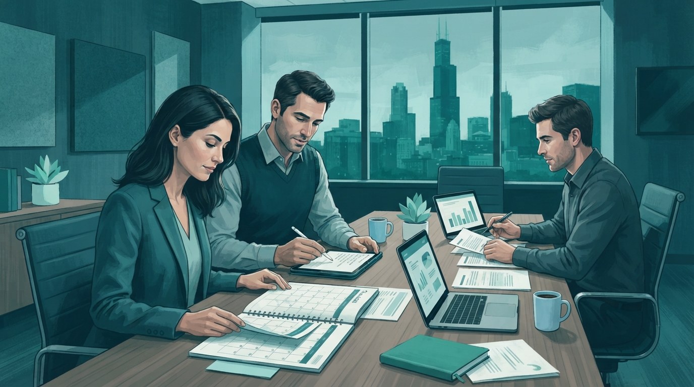 Working adults comparing travel calendars for executive assistant jobs chicago in a teal office illustration