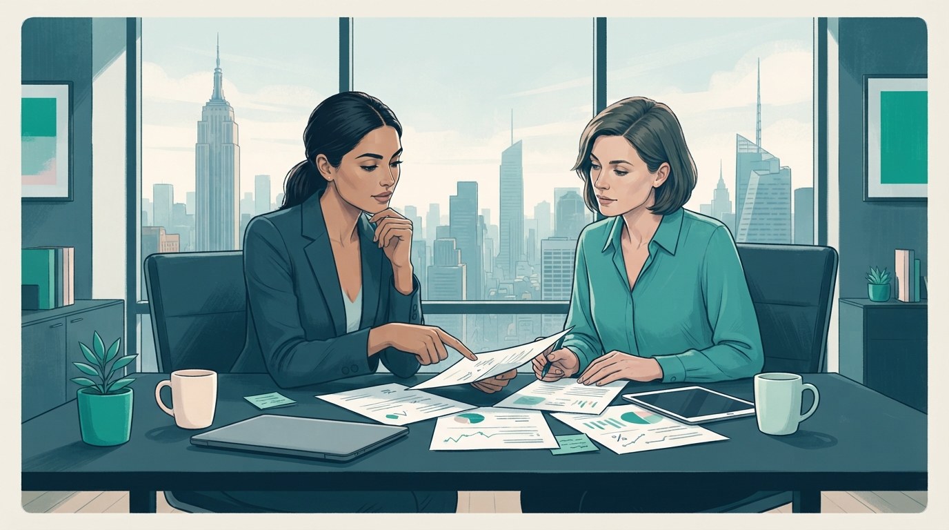 Working adults compare commute, benefits, hours, and growth for executive assistant jobs new york in an editorial office illustration