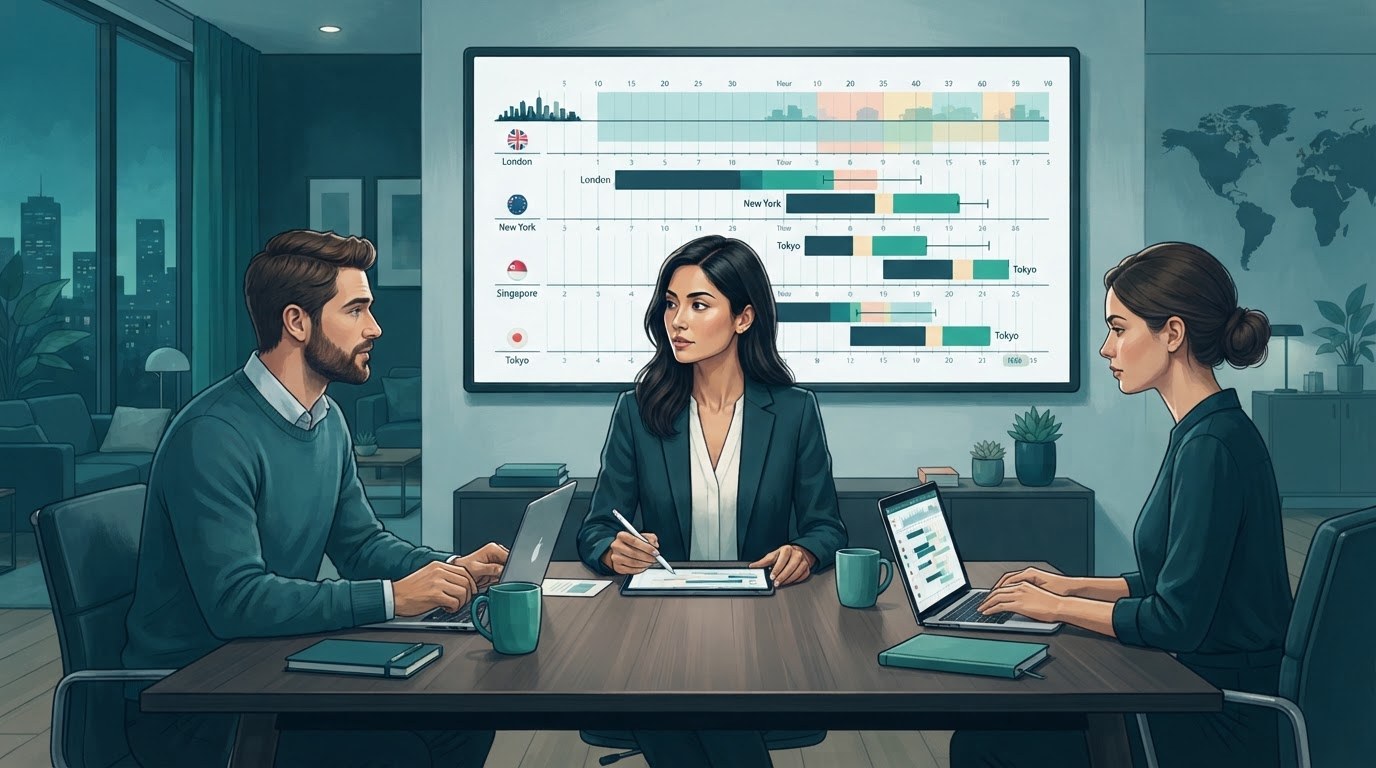 Working adults comparing schedules across time zones in an illustration about executive assistant jobs remote