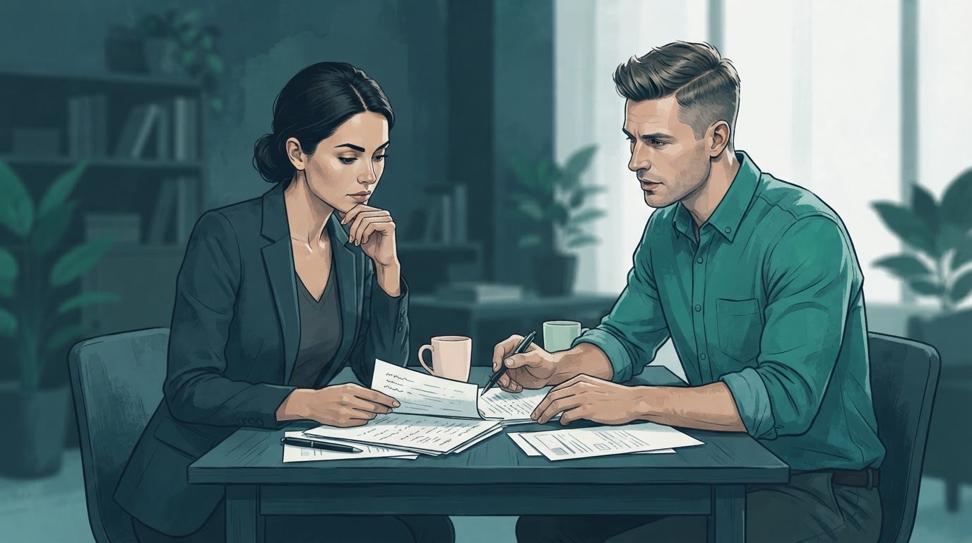 Two working professionals compare interview notes at a table, illustrating how candidates assess executive assistant jobs in los angeles.