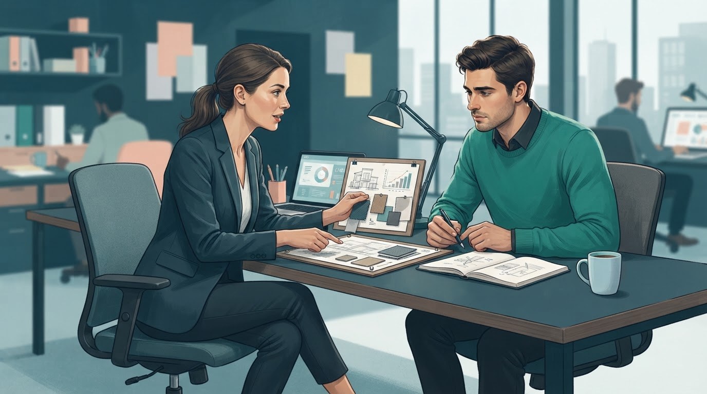 Two working adults reviewing a limited sample assignment together, illustrating how to assess virtual assistant jobs.