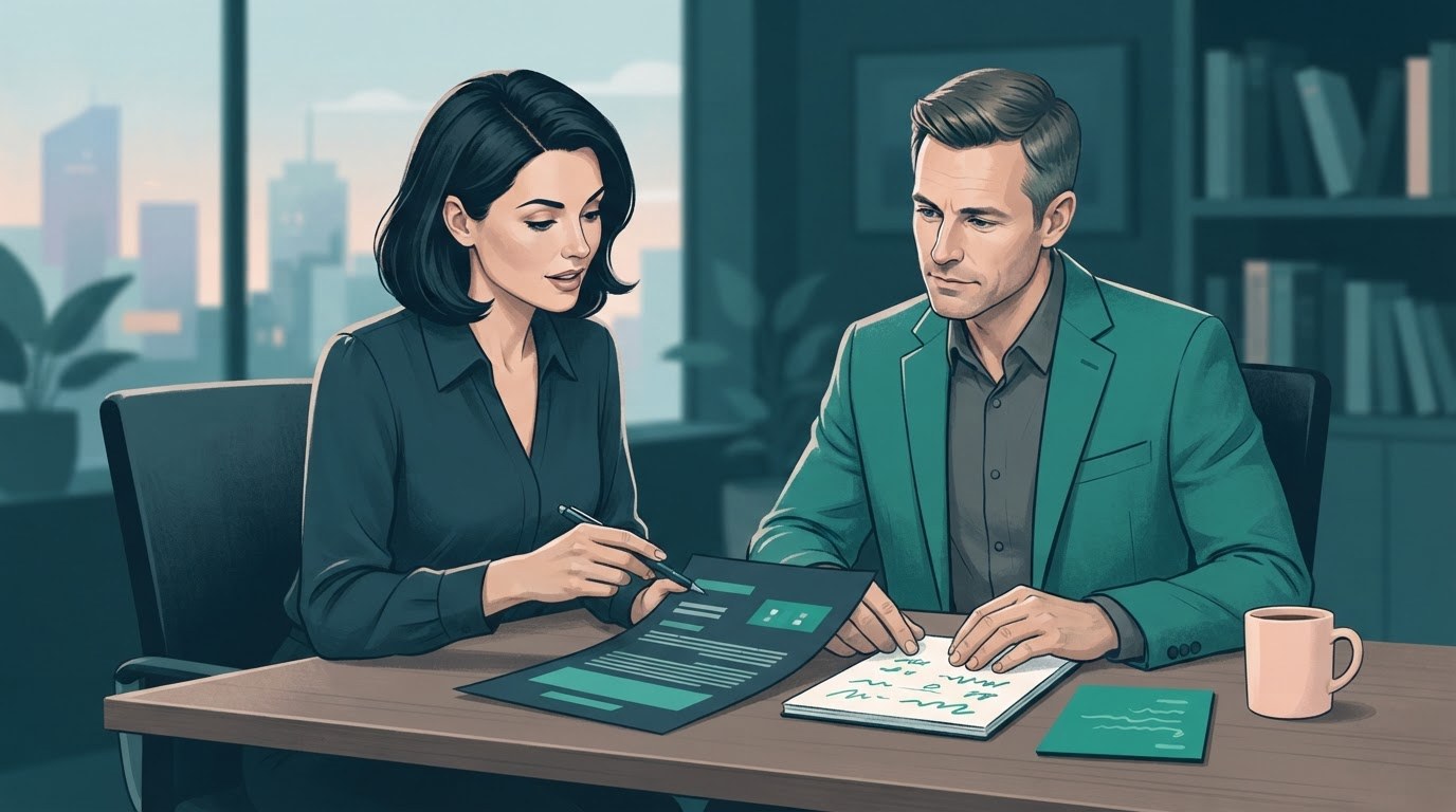 Working adults compare an executive assistant offer at a desk, illustrating executive assistant jobs in los angeles.