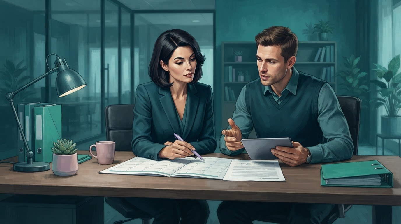 An assistant and manager review a contract calendar to discuss the timeline for assistant jobs part time.