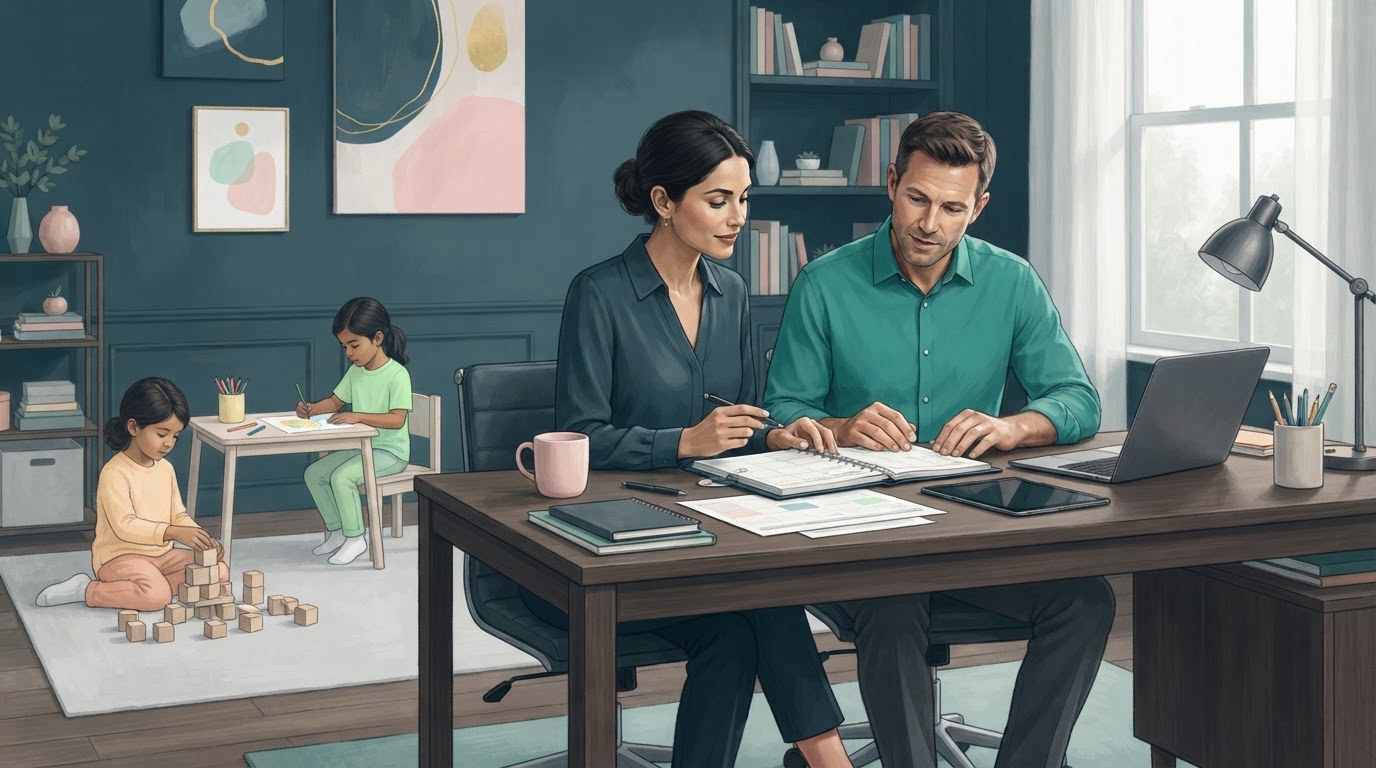 Working parents reviewing client schedules at home while assessing virtual assistant jobs for stay at home moms