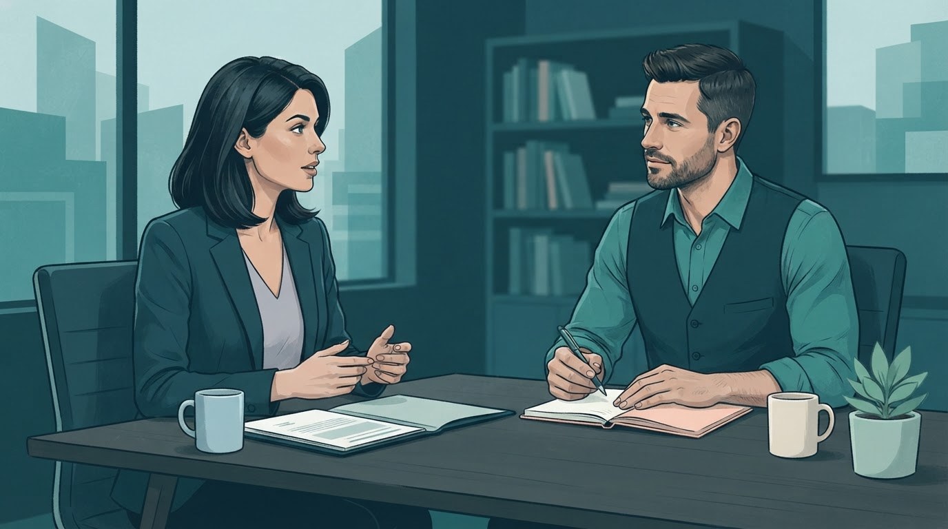 Two working adults discussing a confidential workplace scenario in an illustration about executive assistant jobs new york.