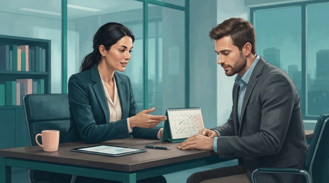 A candidate and hiring manager discuss a calendar and start date for executive assistant jobs new york.