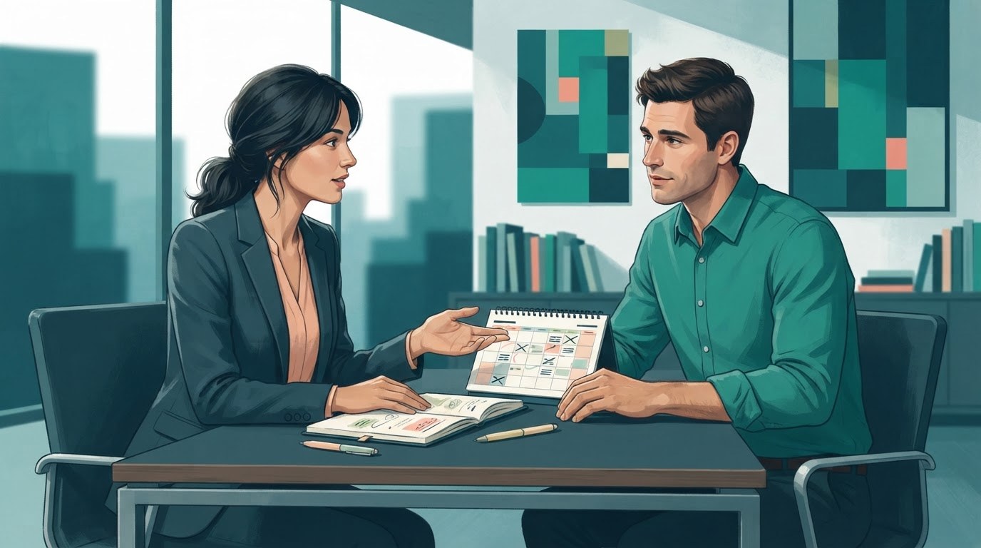 Two working adults discussing a schedule at a desk, illustrating how to approach assistant jobs part time.
