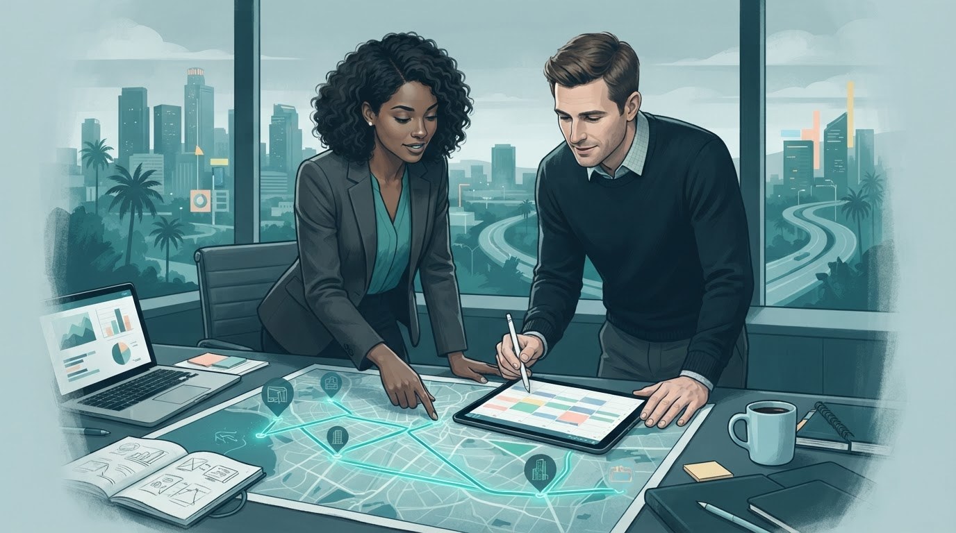 Two working adults planning travel between Los Angeles offices on a map while considering executive assistant jobs in los angeles.