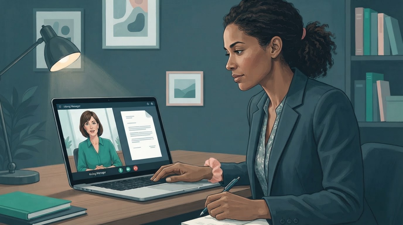 A working mother reviews a virtual assistant job offer with a hiring manager, illustrating virtual assistant jobs for stay at home moms.