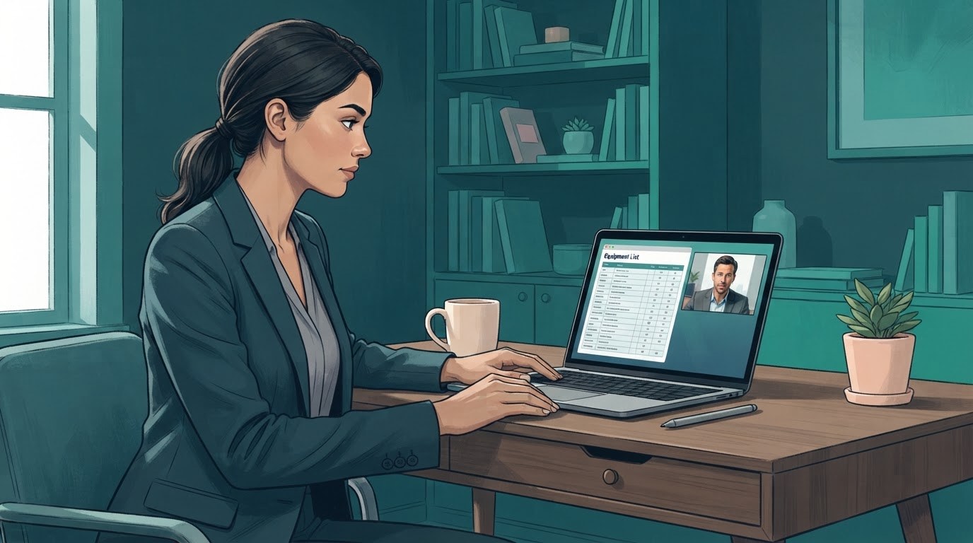 An executive assistant and manager reviewing a remote work equipment list, illustrating questions to ask about executive assistant jobs remote.