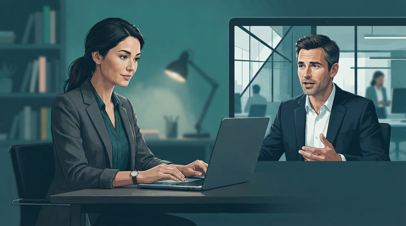 A remote executive assistant calmly coordinating an urgent request with an executive, illustrating an escalation plan for executive assistant jobs remote.