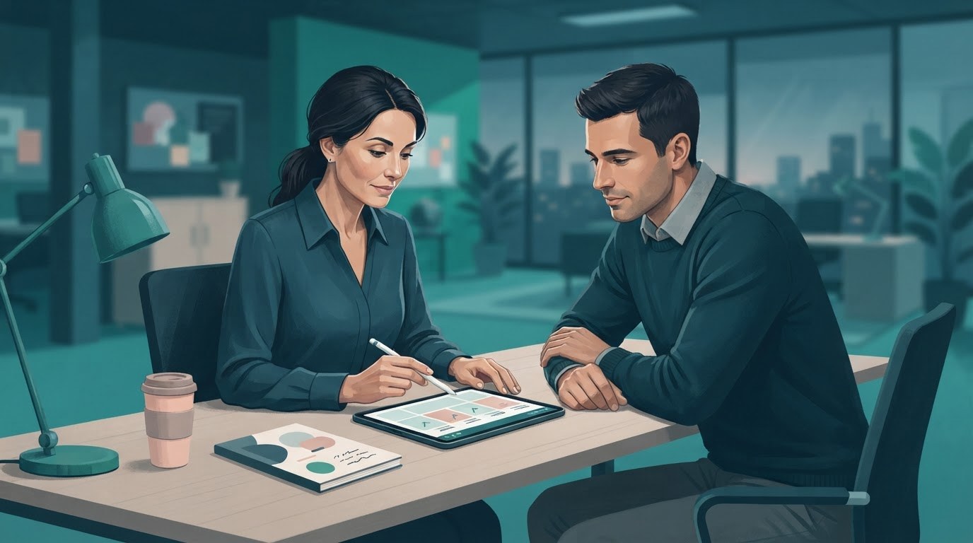 Two working adults review a weekly task plan at a desk while discussing virtual assistant jobs.