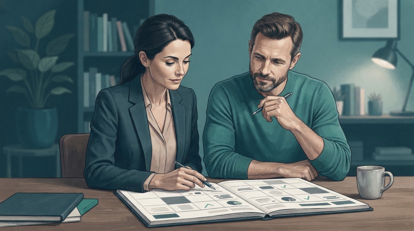 Two working adults reviewing a weekly schedule at a home desk, illustrating planning for virtual assistant jobs for stay at home moms.