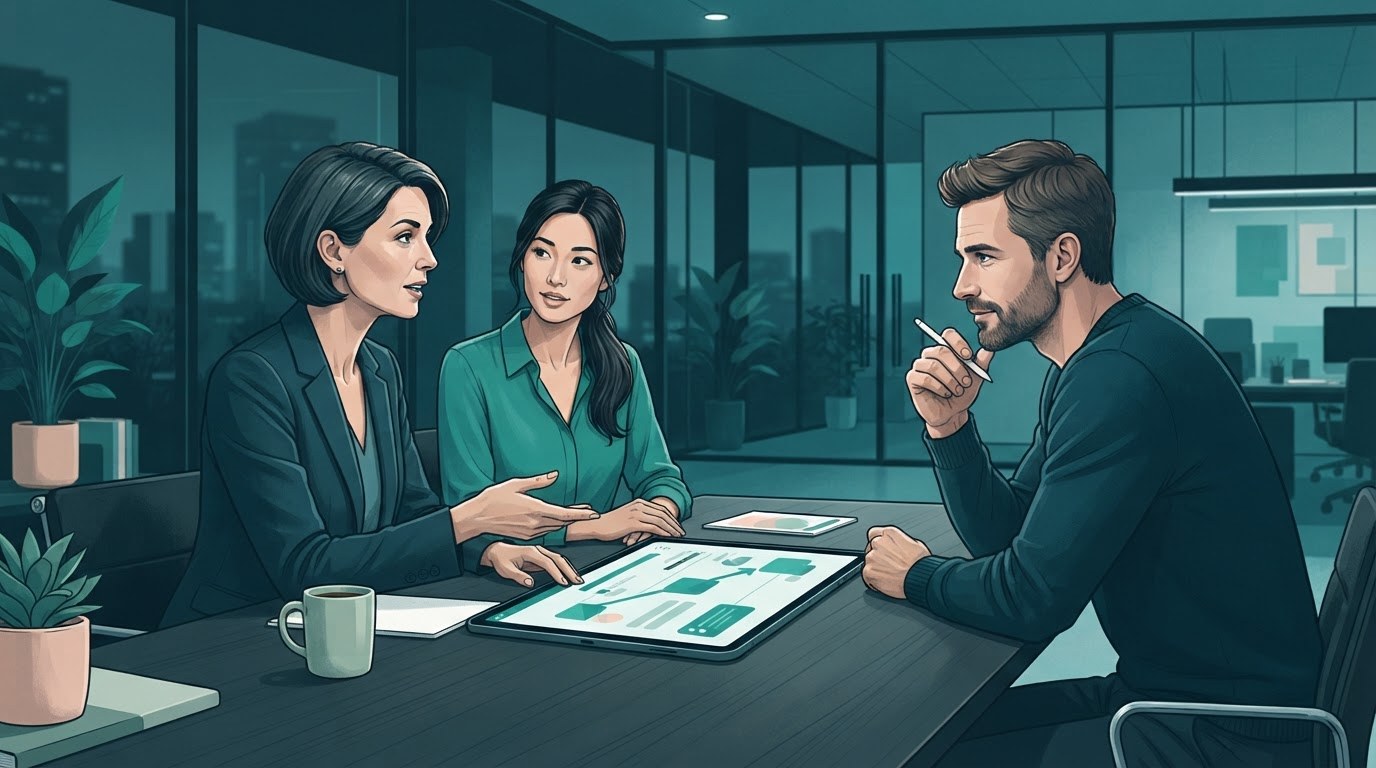 Working adults reviewing training and career growth in assistant jobs office roles