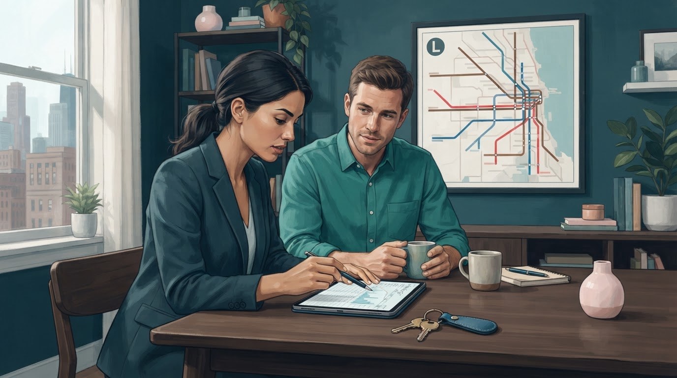 Working adults compare commuting and relocation costs for executive assistant jobs chicago in an editorial budget illustration