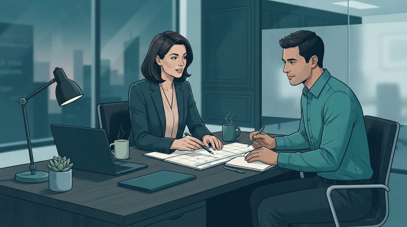 A new assistant and manager reviewing a notebook together, illustrating a first week preference check for assistant jobs.