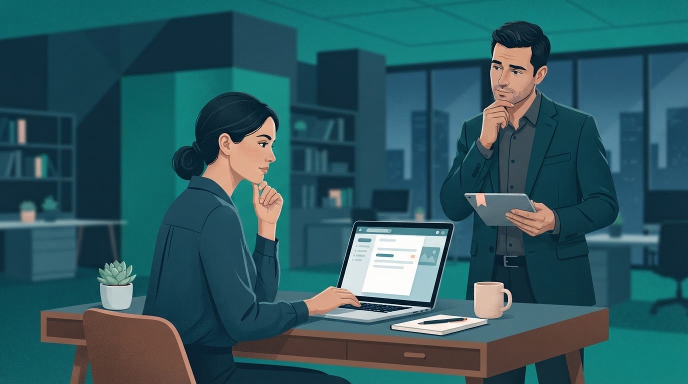 An executive assistant prepares an interview follow up message in a calm office, illustrating executive assistant jobs new york.