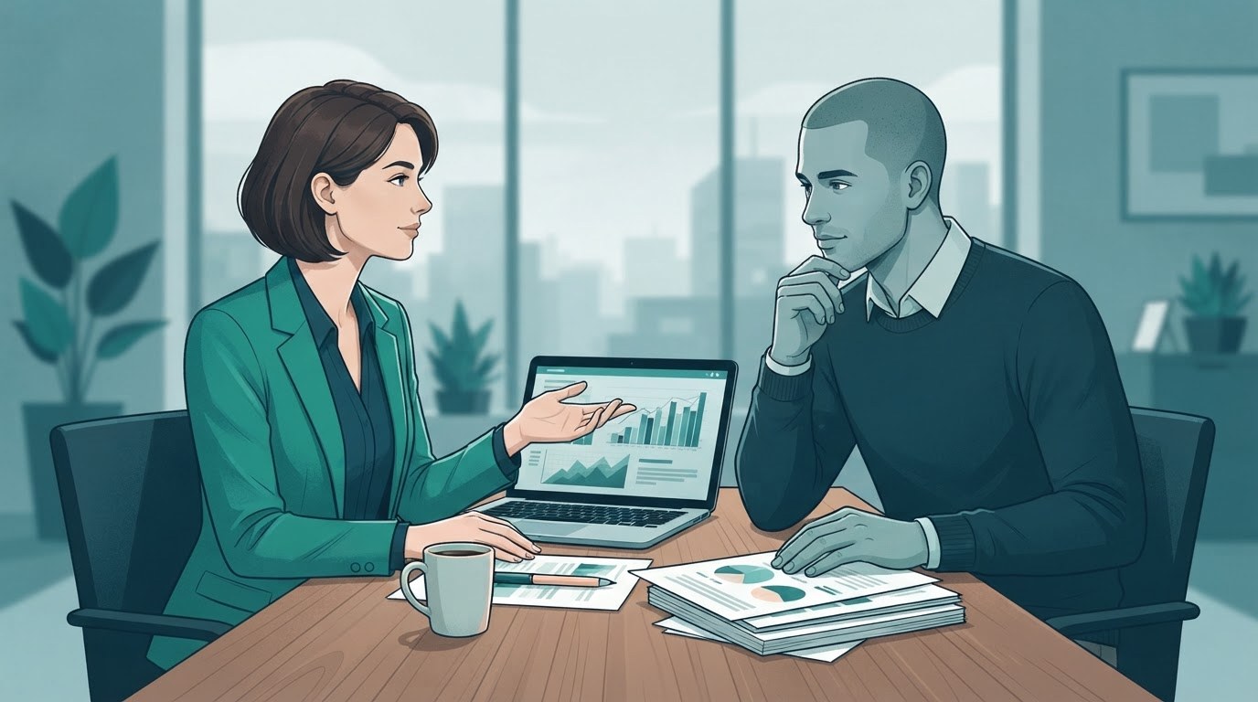 Two working adults review a growth plan at an office table, illustrating questions to ask about executive assistant jobs chicago.