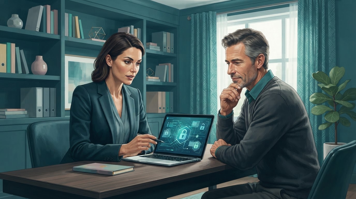 A virtual assistant and client reviewing secure account access on a laptop, illustrating virtual assistant jobs remote.