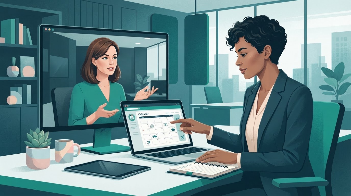 An executive assistant checks location rules and travel plans while speaking with a recruiter, illustrating executive assistant jobs remote.