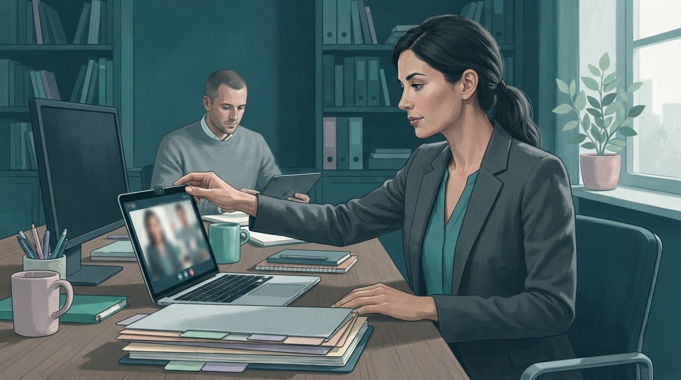 A working mother protects a video call, client papers, and laptop in a shared home workspace while exploring virtual assistant jobs for stay at home moms.